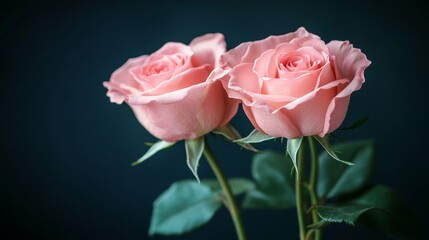 Fototapeta premium Pink roses are densely arranged on a surface that is both dark and reflective, set against a dark background