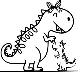 Fototapeta premium Hand Drawn Cute Dinosaur Mom and Baby Vector – Black and White Cartoon Illustration for Kids Coloring, Mother Child Dino Line Art with Bows, Hand-Drawn Family Theme on Transparent Background