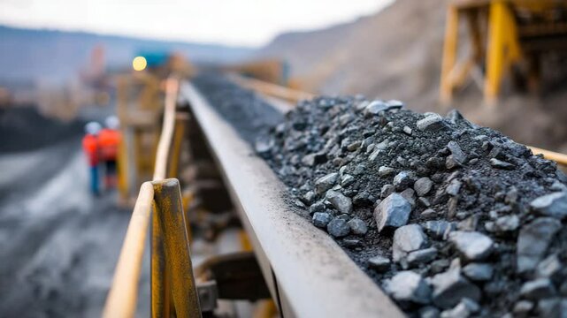 A dynamic image of a conveyor belt transporting piles of gravel and stone within an industrial mining site, highlighting the raw materials of construction.