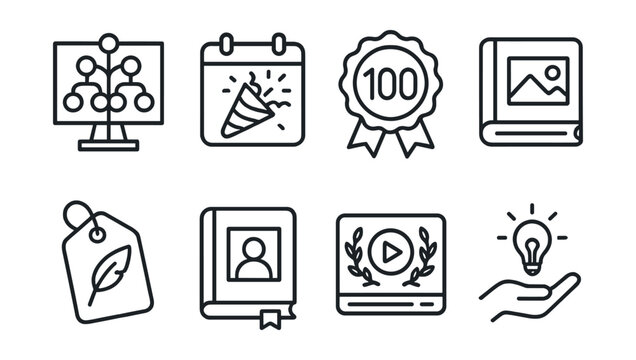 Line style icons of celebration and legacy: family tree board, celebration calendar icon, milestone party badge, album of memories file, legacy letter tag, life story book, video tribute card, wisdom