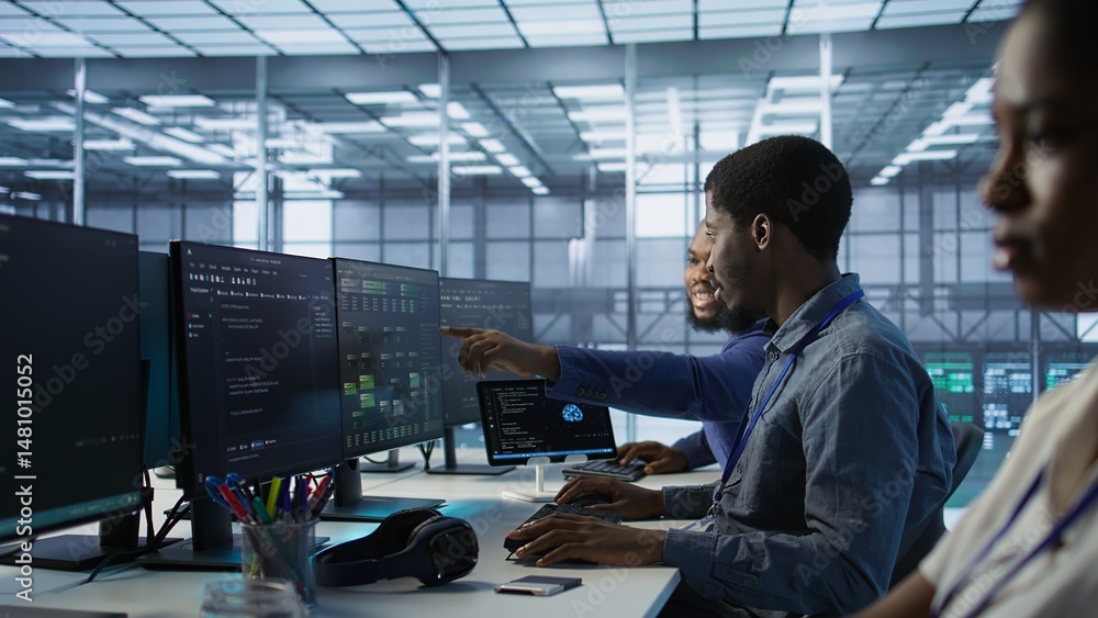 Poster cheerful coworkers in data center implementing ai predictive maintenance systems. server room engine