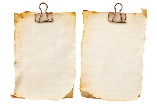 Old Paper Clip Isolated. Blank old yellowed paper mockup for vintage. Vintage paper notes