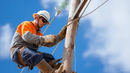 A focused worker climbing a utility pole, equipped with safety gear, demonstrating essential labor in maintaining power lines and ensuring electrical reliability.