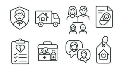 Line style icons of parenting through transitions: first day of school badge, move to new home icon, blended family chart, new sibling arrival file, divorce support plan, loss and grief toolkit,