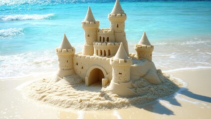 Sandy castle on a beach.  Ocean waves lap at the base