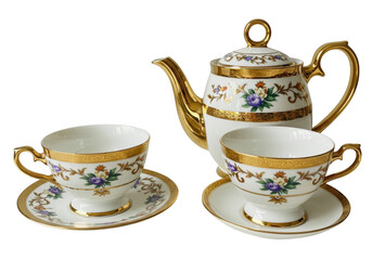 Porcelain tea set with floral design isolated on transparent background