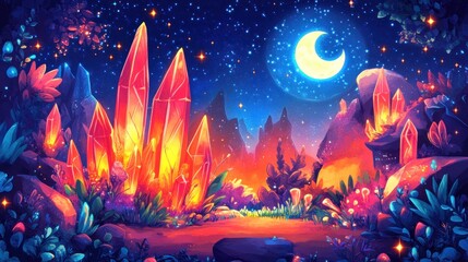 Luminous crystals glowing under crescent moon at night fantasy landscape