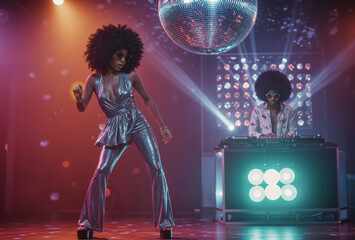 Woman in silver jumpsuit and afro hair dancing under a disco ball, with an afro DJ at the console. Disco atmosphere, music and fun