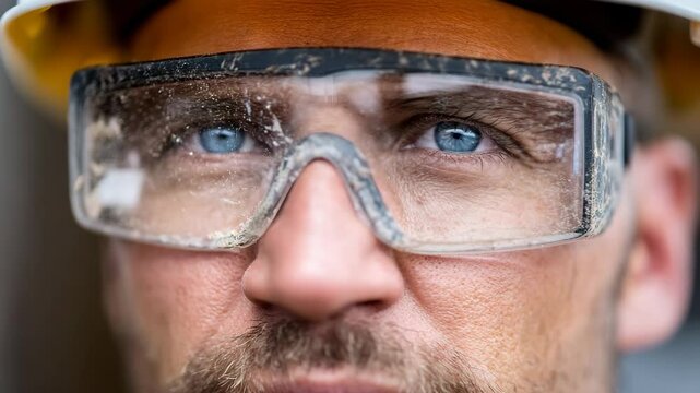 A close-up of a rugged worker's face, framed by dusty safety glasses, revealing piercing blue eyes that convey determination and a commitment to hard work.