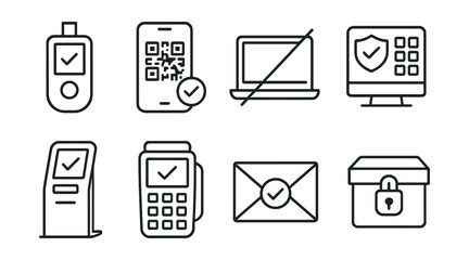 Line style icons of data storage security: offline transaction signing device, QR code offline signer, air-gapped laptop icon, signing vault station, isolated transaction approval, physical