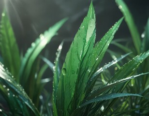 Fototapeta premium Vibrant emerald blades, dew-kissed, sunlight filtering through , spring, rural, plants