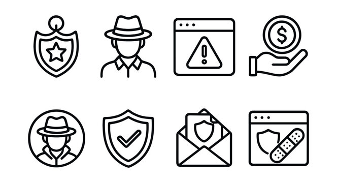 Line style icons of Web3 cybersecurity: cybersecurity bounty hunter badge, white-hat hacker recognition, vulnerability submission portal, security researcher reward, ethical hacker seal, secure code