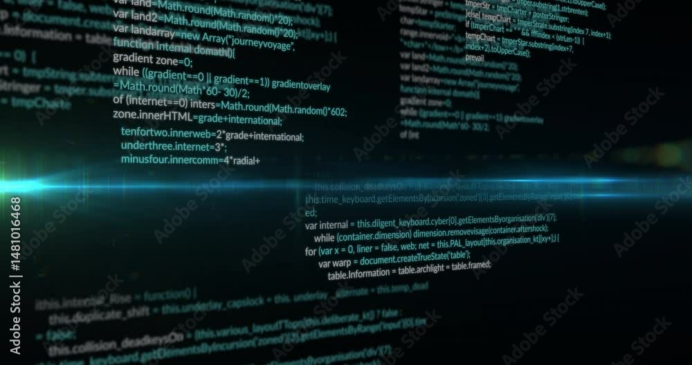 Poster horizontal neon beam glowing across dark flat ui, code columns fading into soft shadows