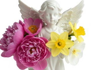 Angel statue with flowers isolated on transparent background