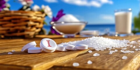 Iodine Supplements on Wooden Table with Iodized Salt and Milk in Background