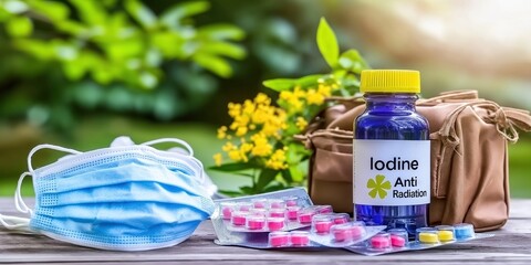 Iodine bottle, pills and surgical masks resting on wooden table in a garden