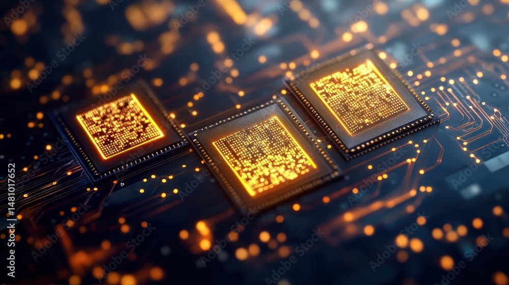 Poster golden microchips on dark circuit board with glowing patterns