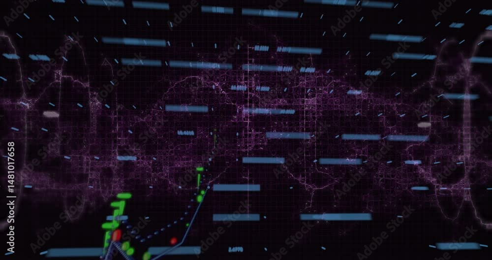 Poster neon purple waveform pulsing across dark grid with light blue bars and connected green red nodes