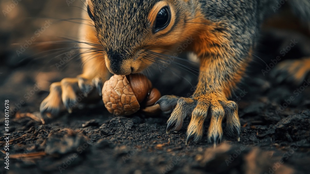 Poster close-up view of a squirrel consuming an acorn.