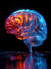 A vibrant image of a human brain glowing with neon lights, symbolizing creativity, innovation, and futuristic technology on a dark reflective surface