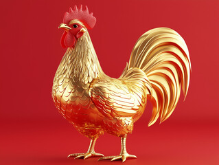 Shiny gold rooster isolated on a red background, 3D render