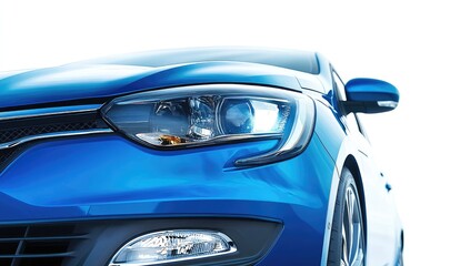 Close-up of a vibrant blue car's front end, showcasing modern headlights and a sleek design.  The image is clean and detailed, highlighting the car's features
