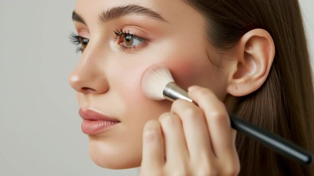 Young woman applying blush makeup on face with brush, close-up beauty routine against plain background