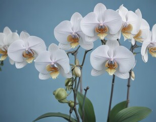 Intricate watercolor rendering of Philippine Phalaenopsis orchids against a serene blue backdrop , tropical, design, exotic