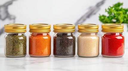 Five small glass jars with gold lids contain various colorful spices arranged on a marble surface against a blurred background.