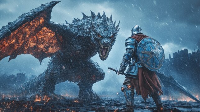 Fototapeta Knight versus dragon epic fantasy showdown dramatic stormy digital art