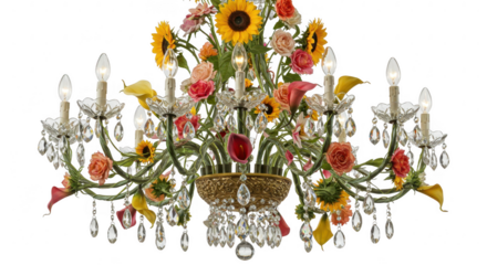 Floral chandelier with crystal pendants isolated on transparent background