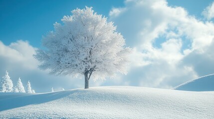 Snowy winter landscape with frosted tree