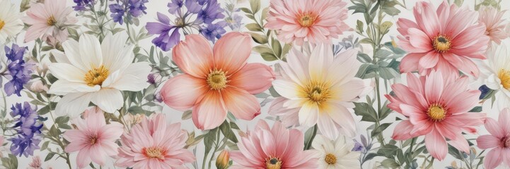 Obraz premium Close-up watercolor painting of assorted flowers; delicate petals , delicate, floral, botanical