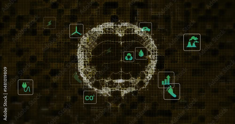 Poster glowing circular network pulsing at center, green energy icons floating over digital data grid