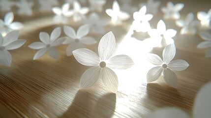 Naklejka premium Paper flowers on the wooden table under soft light