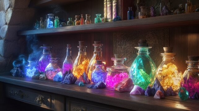 Glowing crystal bottles magical elixirs and potions on wooden shelf