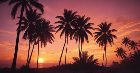 Silhouetted palm trees against a vibrant sunset ,  silhouette design,  mexico