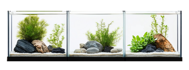 Set of three different aquarium filters with various flow systems. Each element is separately isolated