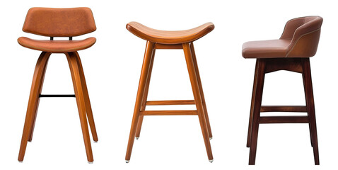 Set of three different bar stools with distinctive silhouettes. Each element is separately isolated