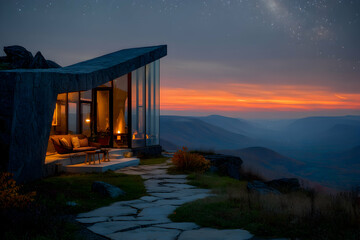 Modern mountain retreat at sunset