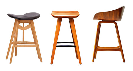 Set of three different bar stools with distinctive silhouettes. Each element is separately isolated