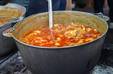 Hot and hearty red traditional Ukrainian borscht, filled with vegetables and meat, prepared in a...