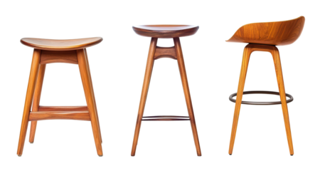 Set of three different bar stools with distinctive silhouettes. Each element is separately isolated