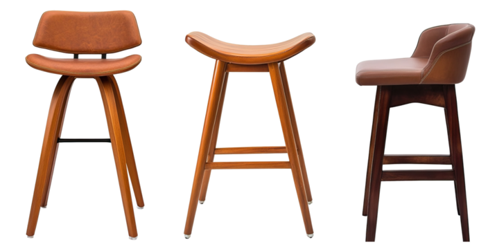 Set of three different bar stools with distinctive silhouettes. Each element is separately isolated