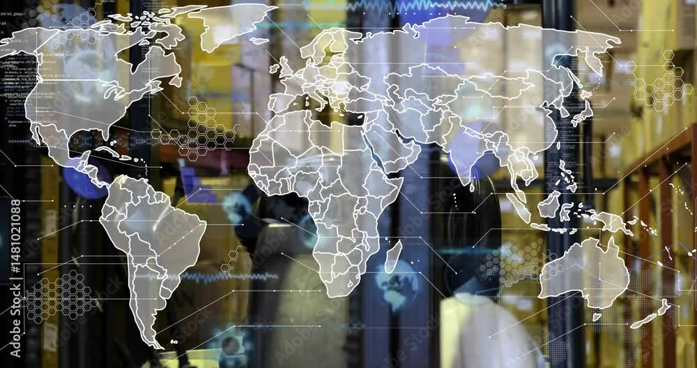 Aufkleber warehouse worker interacting with scanner while global data overlay animating logistics visuals