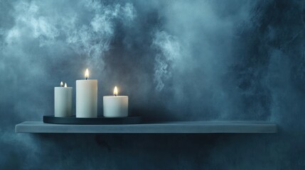 Serene candlelight scene three candles burning on a shelf against a textured blue wall
