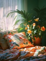 Colorful pillowcases under the sun with flowers and plants