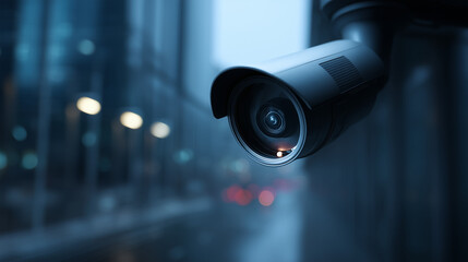 Modern Surveillance Camera in Urban Setting During Evening