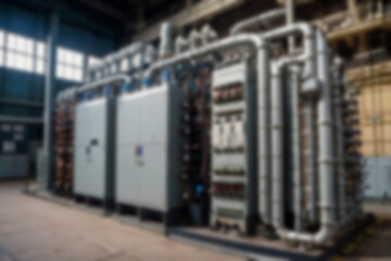 blurry electrical substation, large transformer as voltage regulator, there are many high voltage electrical panels
