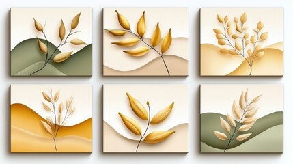 Six stylish golden leaf branch illustrations on abstract beige and green wave backgrounds perfect for wall art prints or home decor projects.